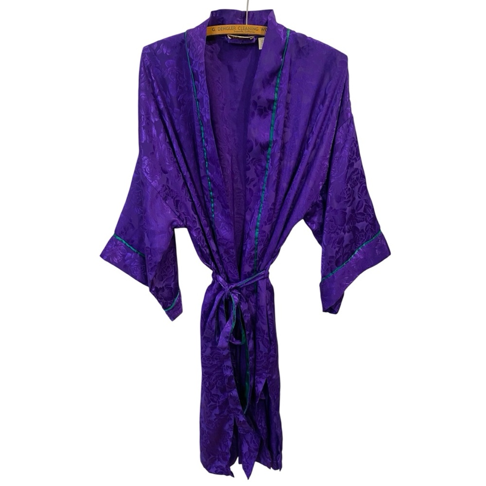 Victorias Secret Gold Label Vintage 90s Satin Robe Purple Floral Green Trim OS
